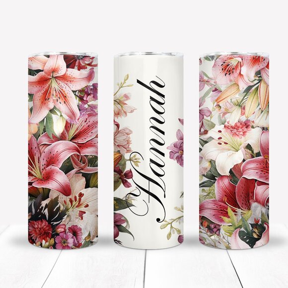 Romantic Tumbler Drinkware, Custom Name Travel Mug, Flowers, Gift Set - Picture 1 of 2